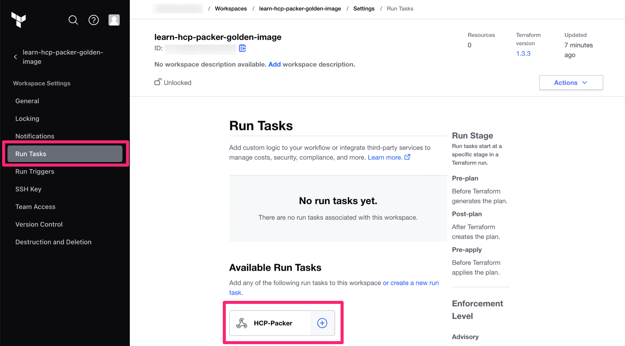 Run task page shows HCP-Packer under "Available Run Tasks"